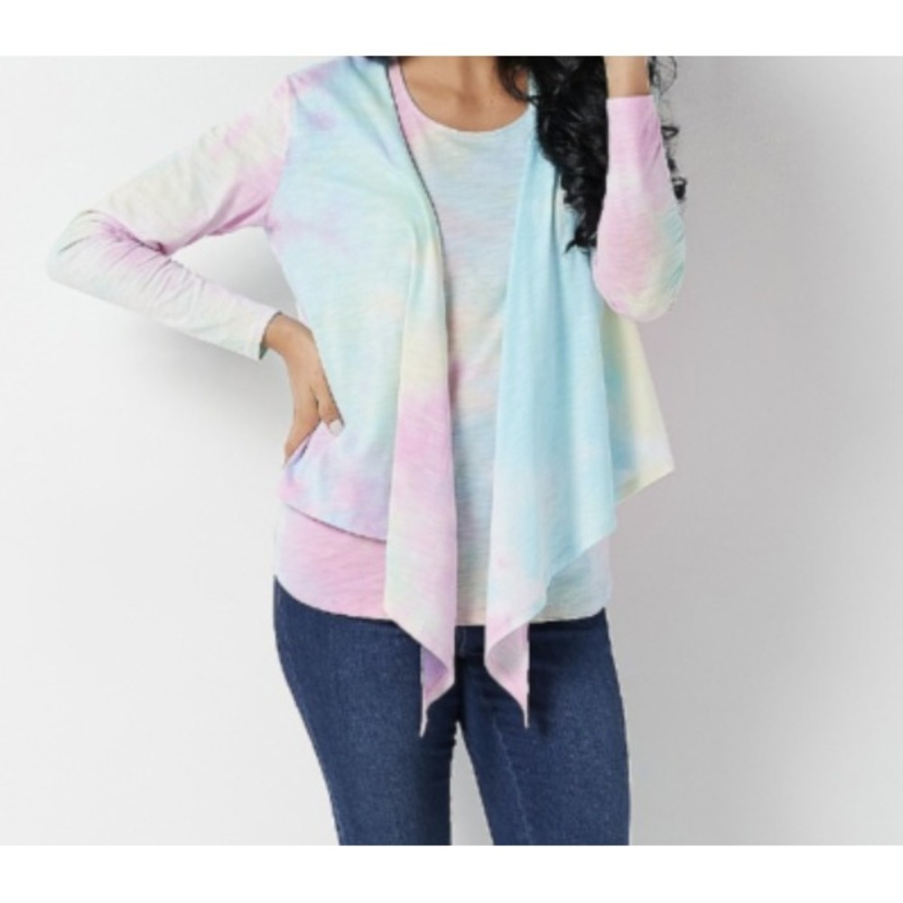 Belle Kim Gravel size 1X Colorful Tie Dye Boho Lightweight Knit Duster Jacket